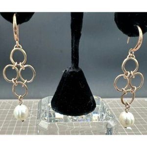 Vintage  Earrings Italy Bronze Baroque Pearls Drop Circle Geometric  2 1/2"